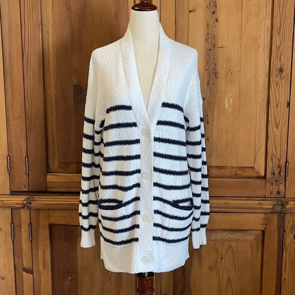 LOFT White & Blue 100% Cotton Cardigan Pockets Buttons Sz.S - Picture 11 of 11